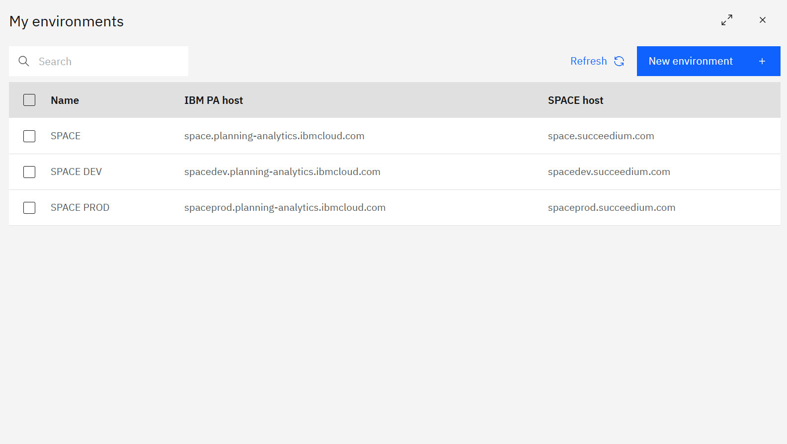 My environments table